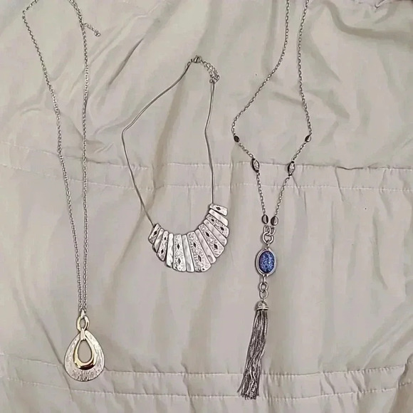 #15 set of 3 fashion necklaces long beaded tassel geometric silver - Picture 1 of 4